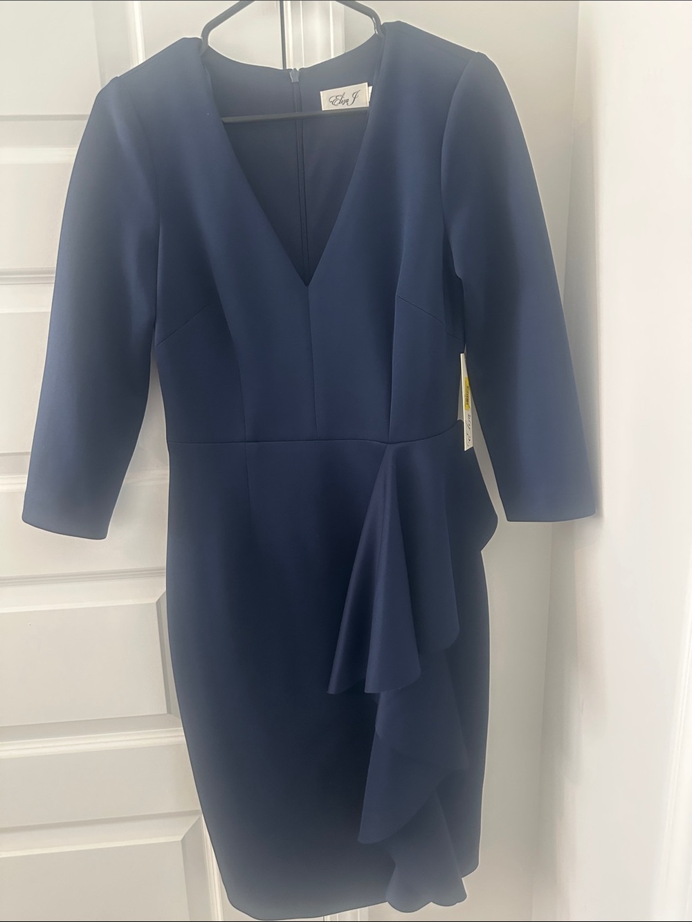Eliza J Navy V-Neck Long Sleeve Ruffle Sheath Dress